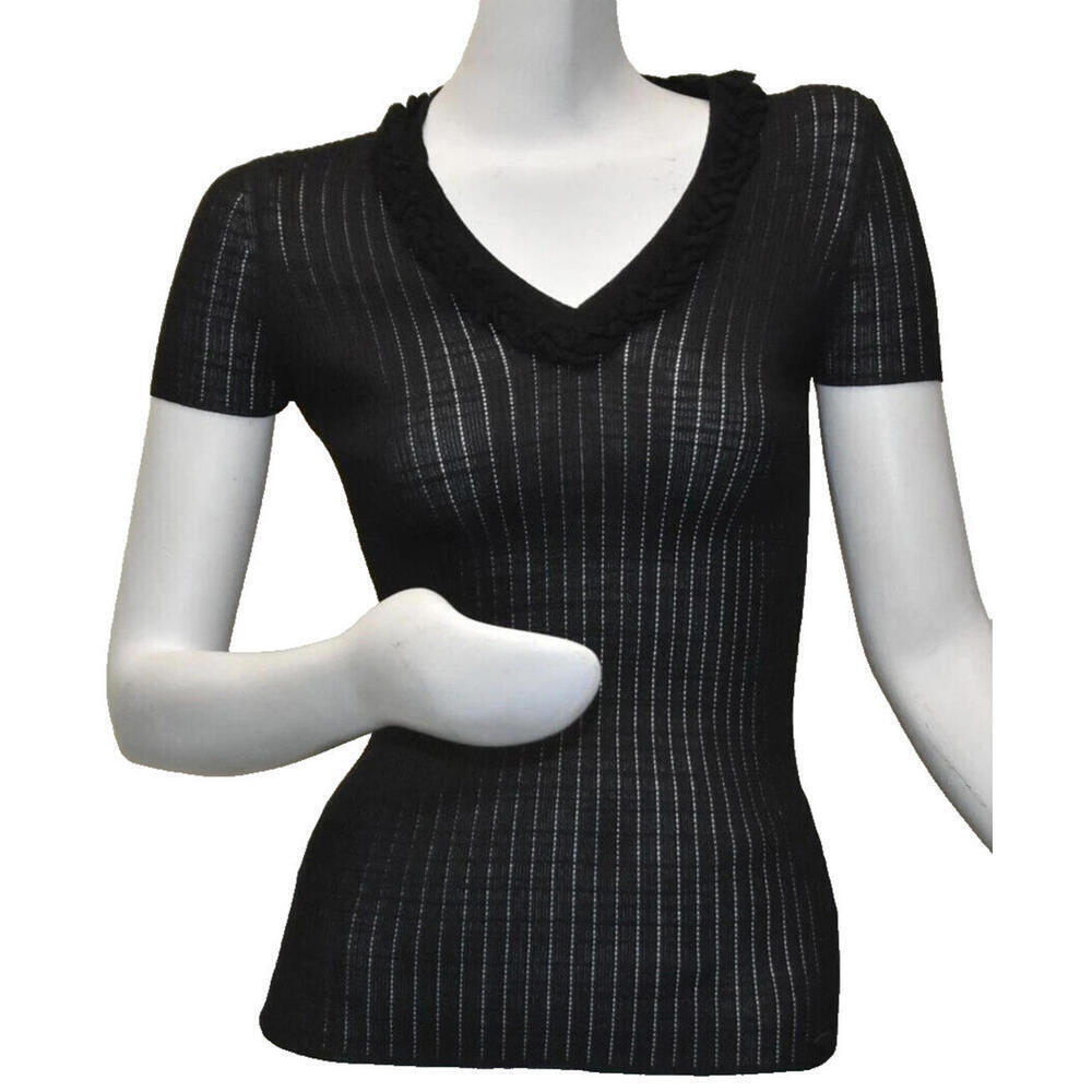 2009 CHANEL 09P Black Rib Knit Top V-Neck Shirt FR-34 US-2 Cotton Short Sleeve - Picture 1 of 7